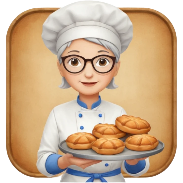 Older female pastry chef – round glasses, oven mitts on, holding a tray of pastries.

 emoji
