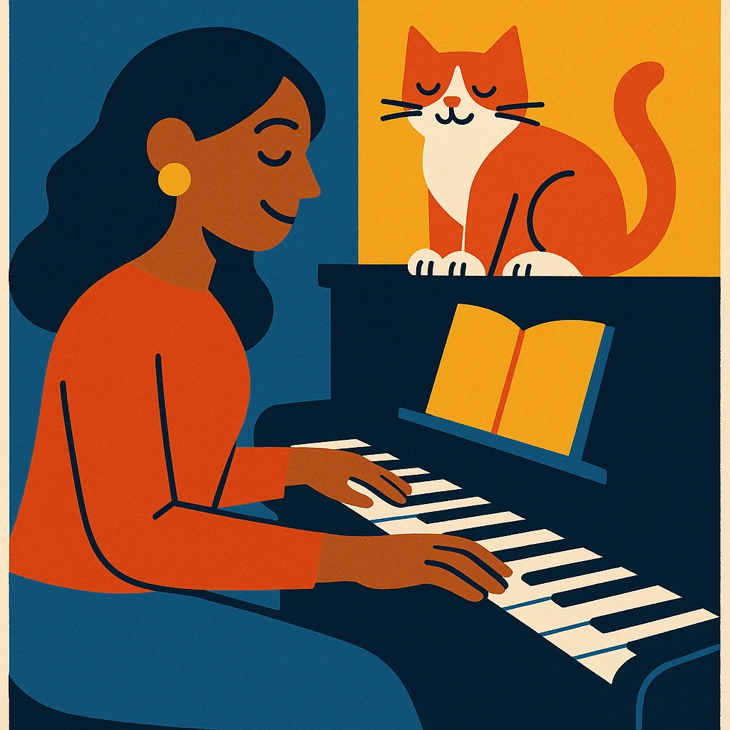 woman playing piano while her cat sits on top of the piano emoji
