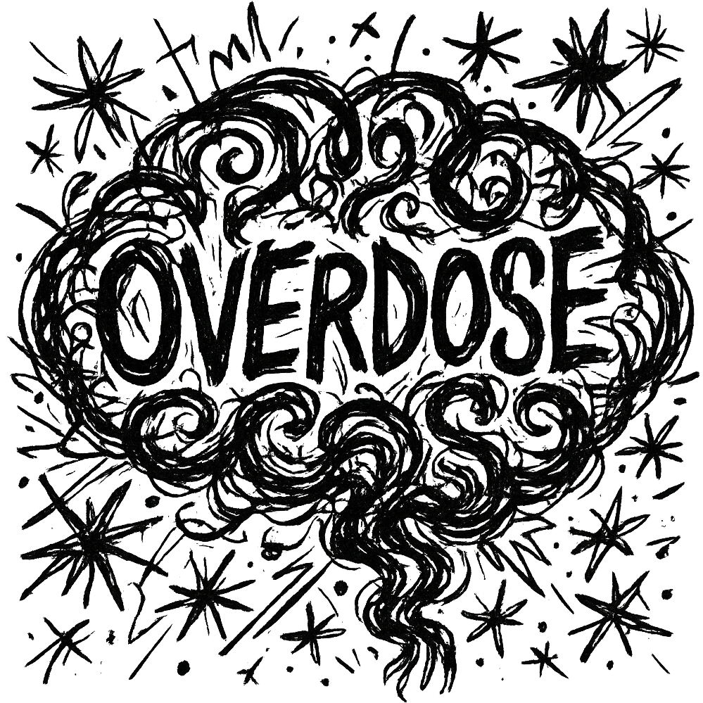 Add the word 'overdose' in the middle of the brain icon in chaotic black outline style. emoji