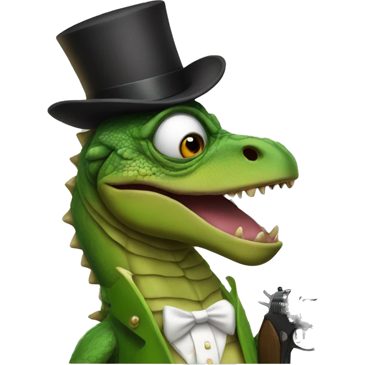 Big stupid lizard with a top hat and a gun emoji