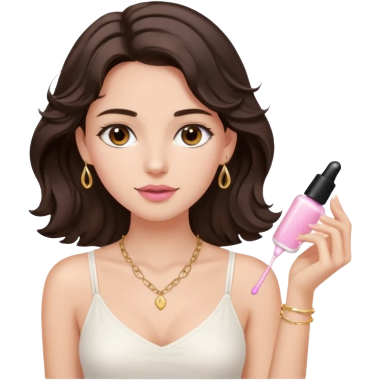 generate a pretty fair bratz girl with dark brown eyes. Dark brown hair wavy hair. light pink lipgloss. white cami top. doing skincare. Dainty gold necklace emoji