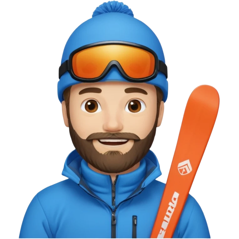 bearded man skiing, blue outfit, smiling emoji