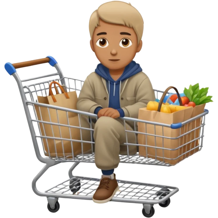 A man in oversized second-hand clothes, sitting beside a shopping cart of items, looking around with soft hopeful eyes.
 emoji