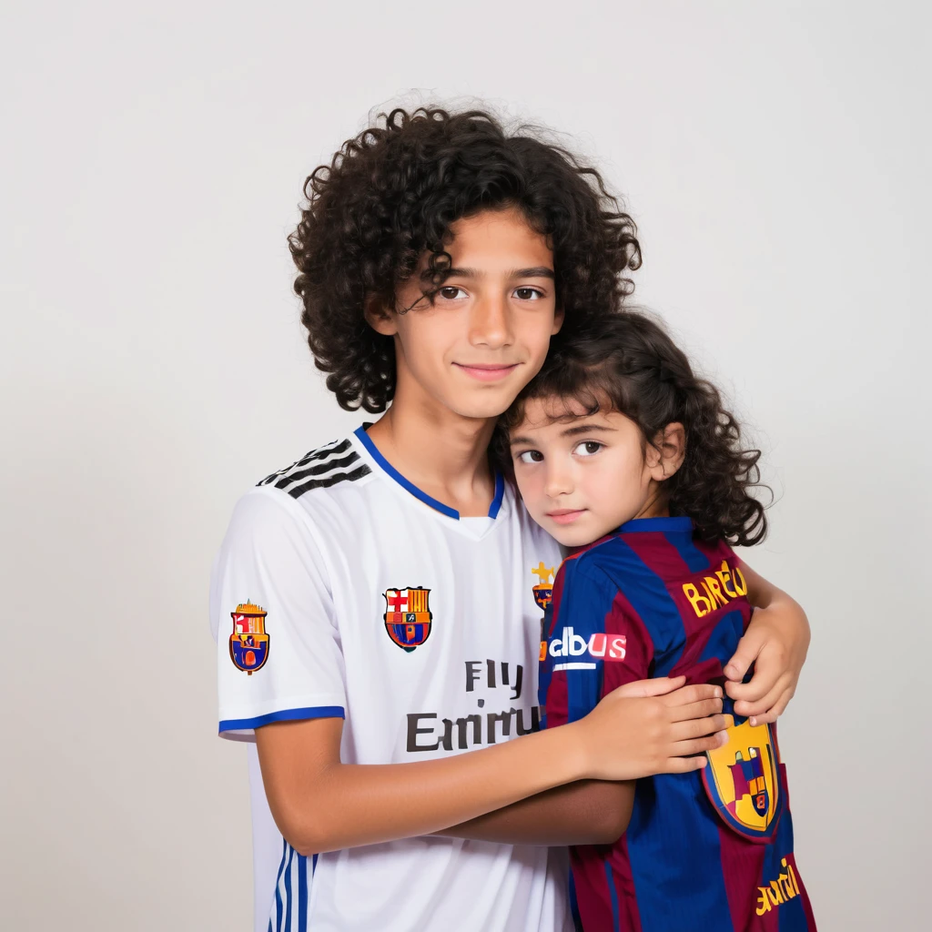 A tall boy with brown eyes, black hair, and white skin, wearing a Barça shirt, hugging a short girl with curly black hair, brown eyes, and bronze skin, wearing a Real Madrid shirt emoji