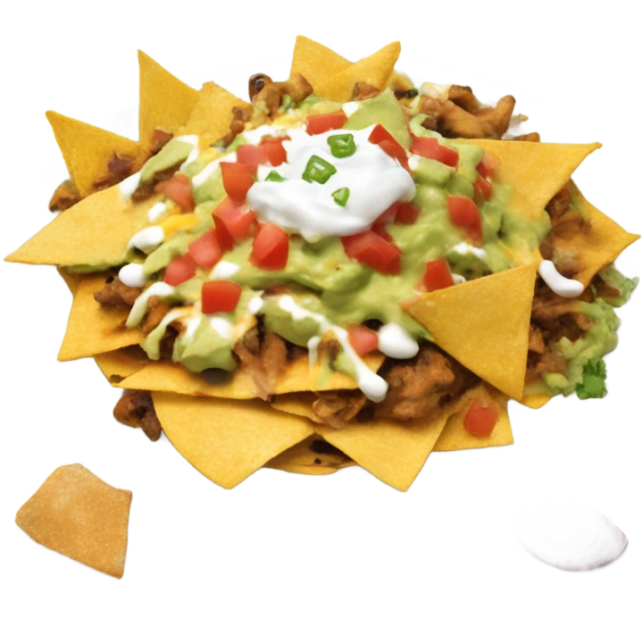 Nachos with cheese salsa grilled chicken guacamole onions and sour cream emoji