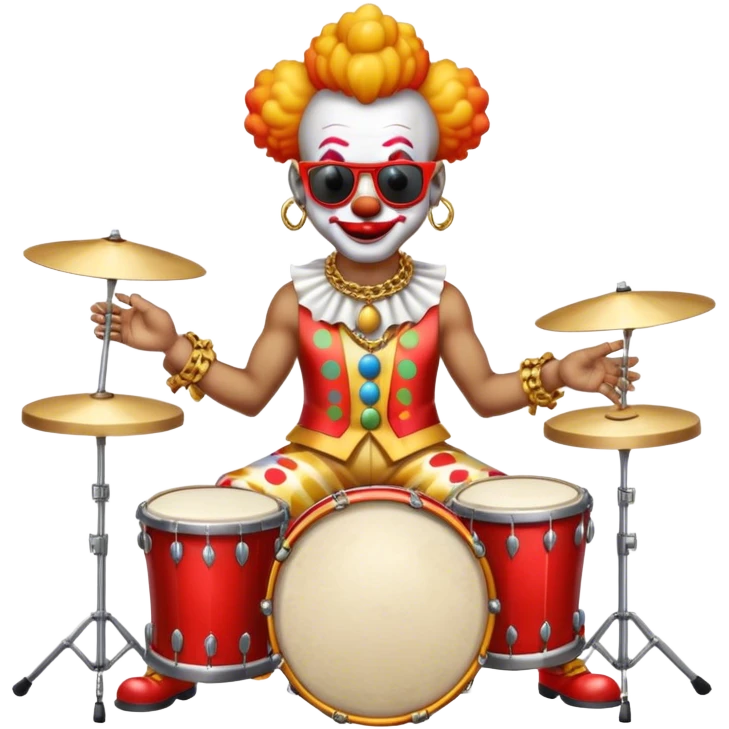 Clown with big golden chain on the neck wearing sunglasses plays drum kit full height emoji