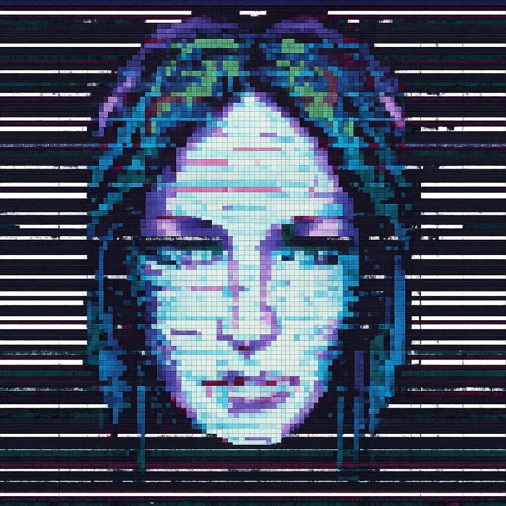 Add animated static lines to the pixelated face with glitchy lines in pixel art style, keeping the background transparent. Maintain the pixelated look and glitchy effect with static lines animation. emoji