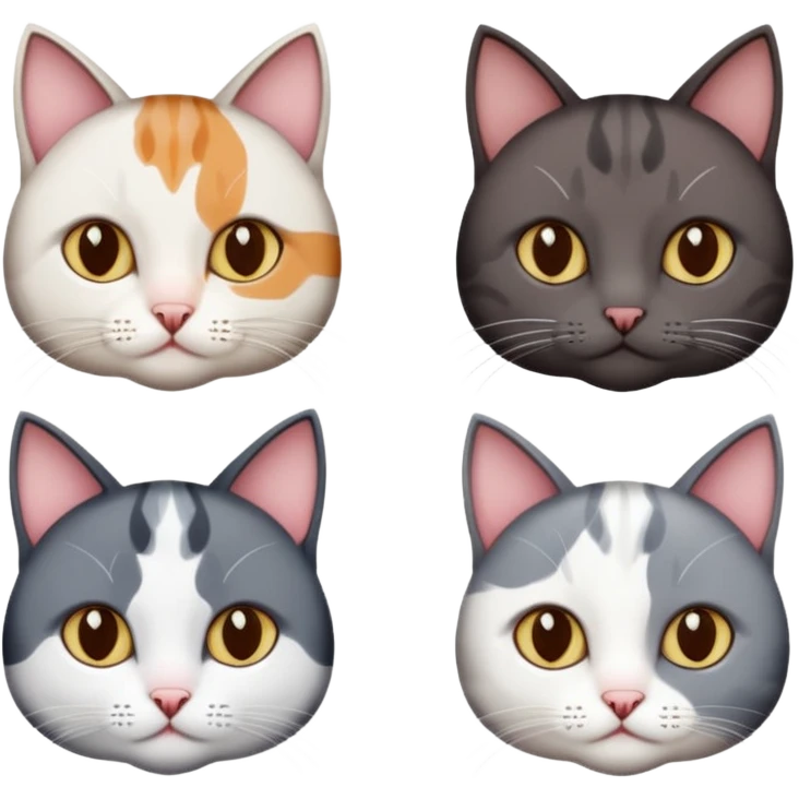 4 different coloured short haired cats including; a dark brown and white cat, and a dark grey and white  emoji