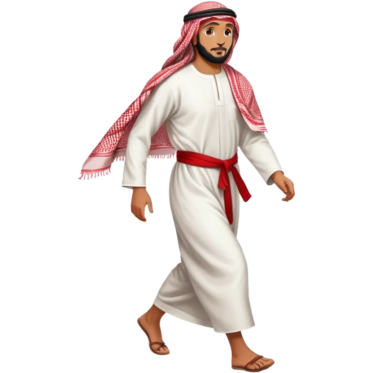 Arab man walking, traditional thobe and keffiyeh, mid-stride emoji