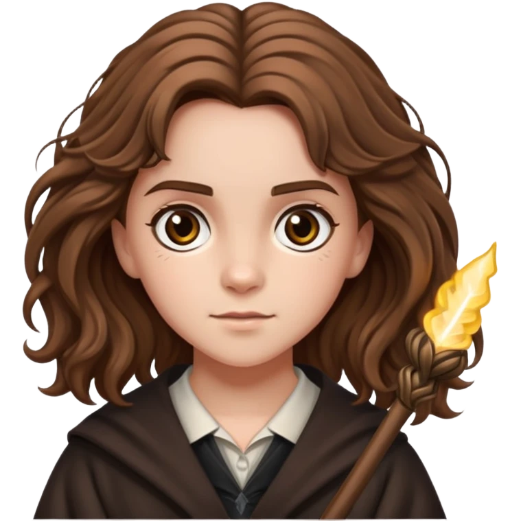 Hermione Granger with bushy hair and wand emoji