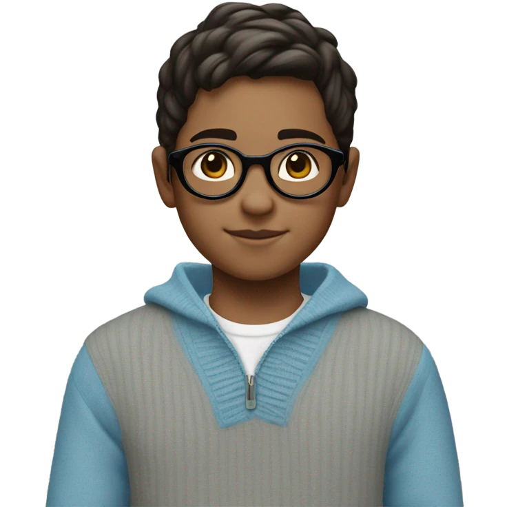 A little boy that is about 10 years old, fair skin, wearing circular glasses and dark brown hair and a light blue sweater emoji