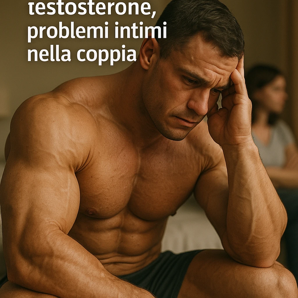  bodybuilder che fa cicli senza base di testosterone, con problemi intimi legati alla coppia, iper realistica, in italiano se usi testo emoji