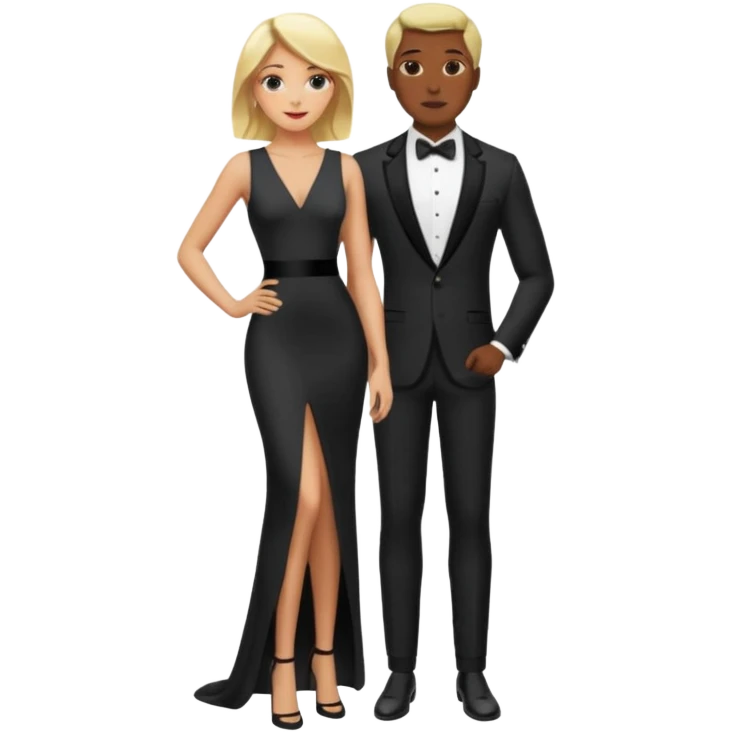 Blonde woman, black, Long, tight, sleveless Dress, Slot left Leg, man in Dinner jacket emoji