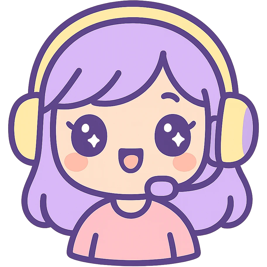 cute streamer girl emoji, purple and yellow color palette, big eyes, headphones, cheerful expression, kawaii style details emoji