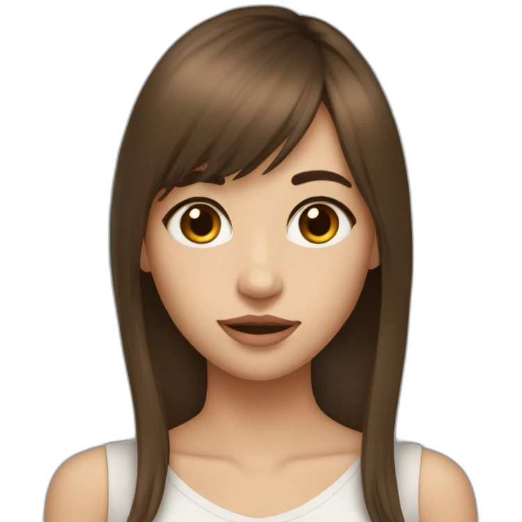 long brown hair skinny girl with long side bangs, thin face and makeup from head to chest emoji