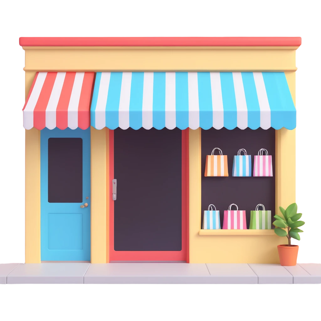 friendly storefront with striped awning and shopping bags at the entrance, pastel colors emoji