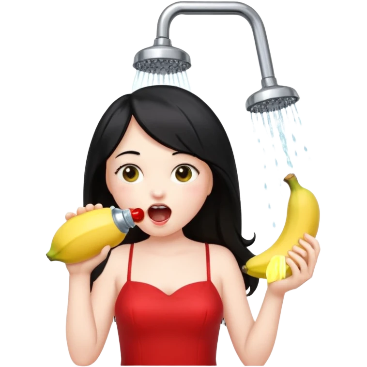 a girl with black hair and red dress with opened mouth drinking pale yellow water coming out from a shower looking like a banana above her head emoji