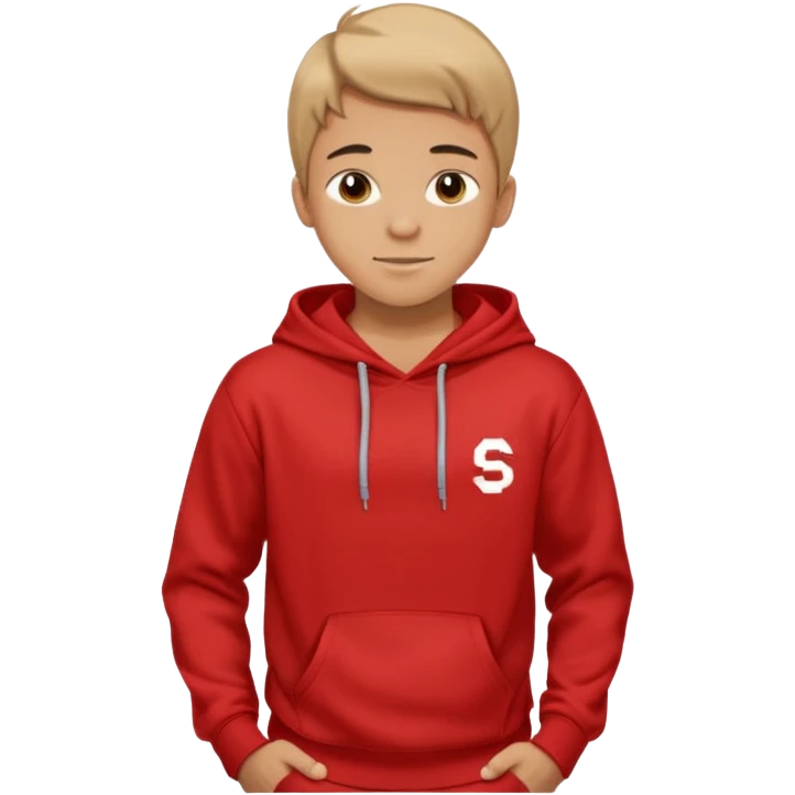 make me an emoji of an americain 19 yearold boy in a red hoodie that says "south" on it and give him with tan skin with his hands in his hands in his pocket wth a small smile flexing his muscles emoji