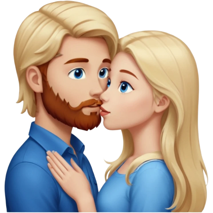Long-pale-blonde hair, beautiful girl with blue eyes facing, kissing reddish-brown hair-beard boy blue eyed white guy emoji