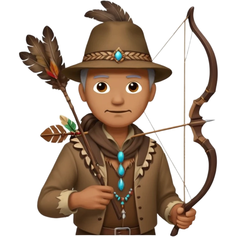 The classic image of a middle-aged uncle hunter carrying a bow, dressed in brown clothes, with some ornaments made of feathers, bones or teeth on his body. emoji