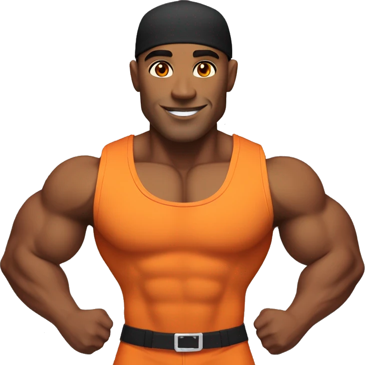 a male bodybuilder in an orange singlet, with a perfect face, orange eyes and a black and orange cap, depicted over his shoulders emoji