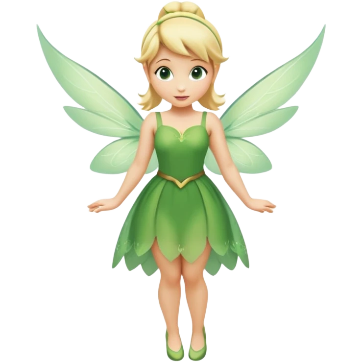 Tinkerbell fairy from hips up, green dress, blonde hair, wings, minimal style, larger size emoji