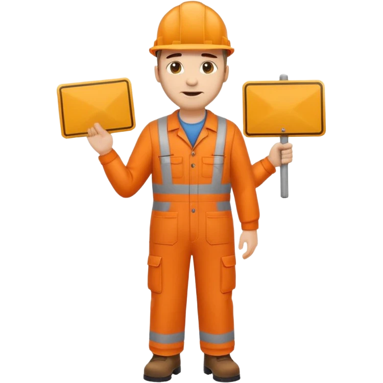 emoji style railway engineer full body in orange overalls, holding a sign in front of their chest emoji