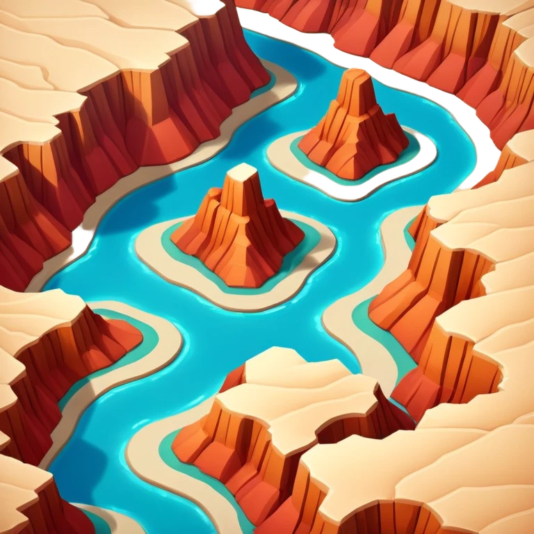 Brown and beige and red-orange canyon, 3D isometric realistic, with blue-green river emoji