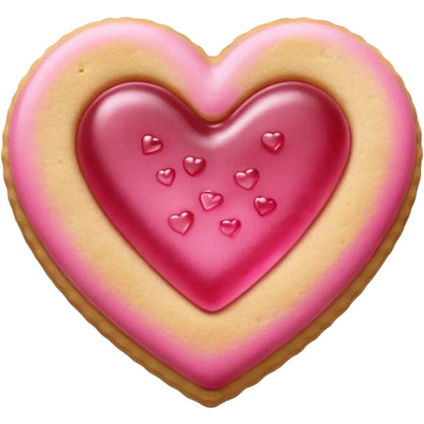 Realistic shortbread cookie in the shape of a heart with pink jelly emoji