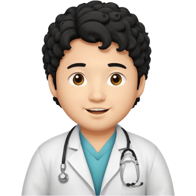 a young asian chubby male doctor with very black long curly hair and cheerful face without gpasses emoji