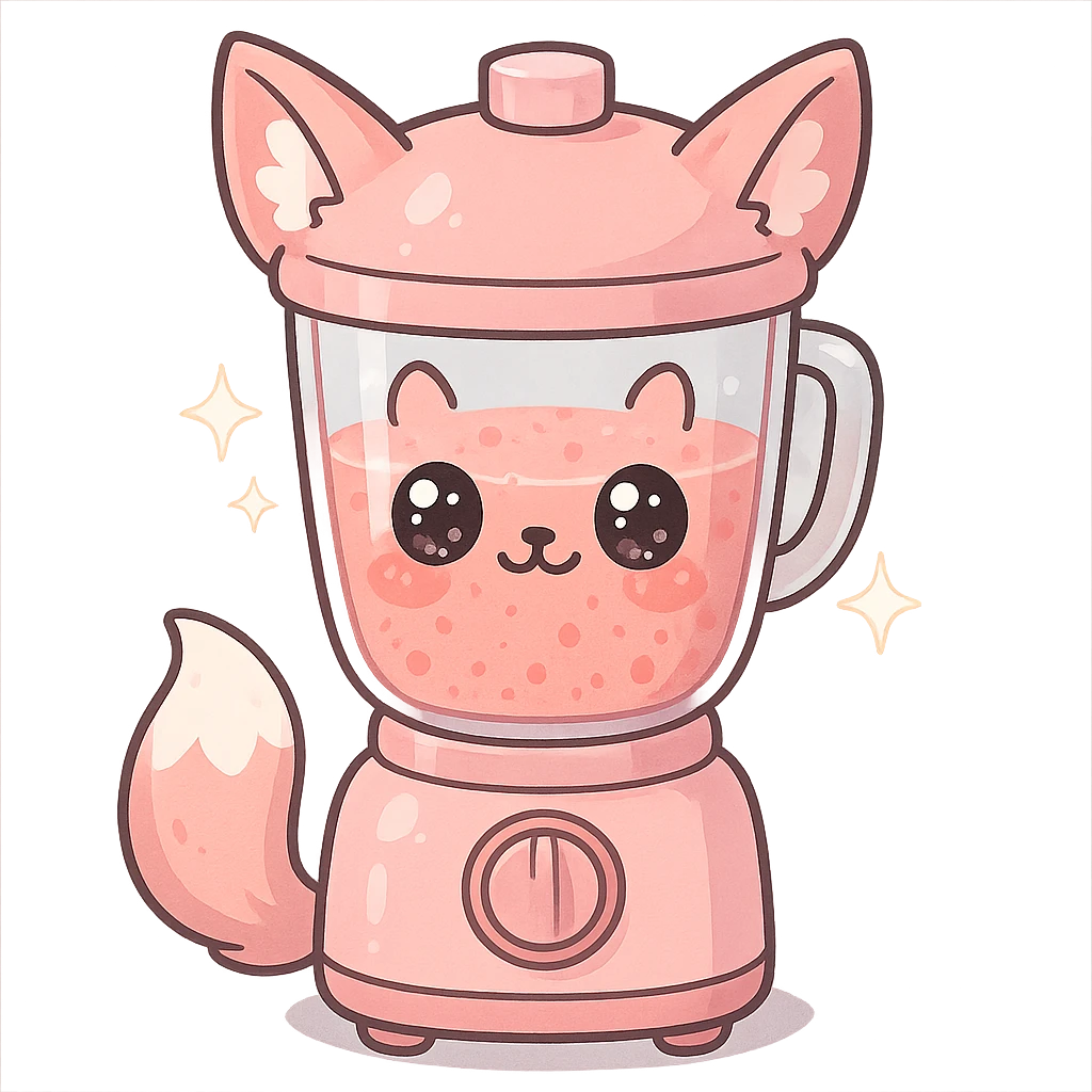 full-body kawaii pastel pink blender with fox features, transparent body filled with fruity smoothie, sparkling eyes, transparent background emoji