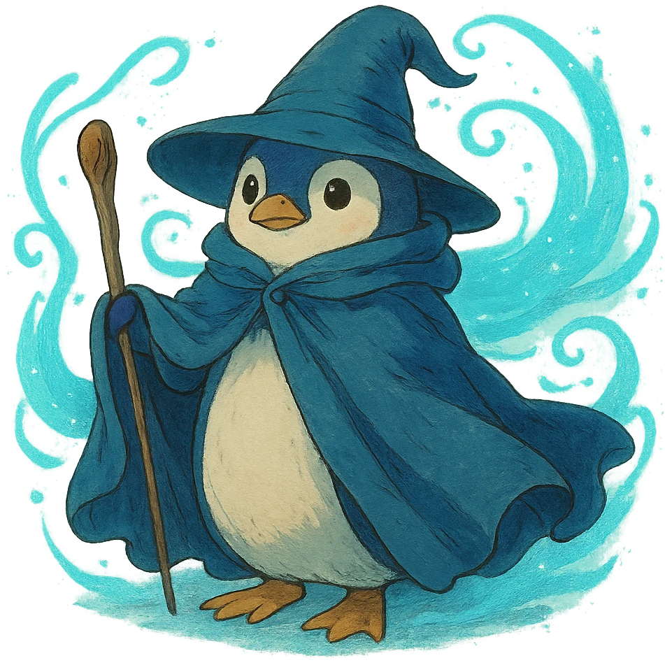 ghibli style penguin wizard with a flowing cloak and magical aura emoji