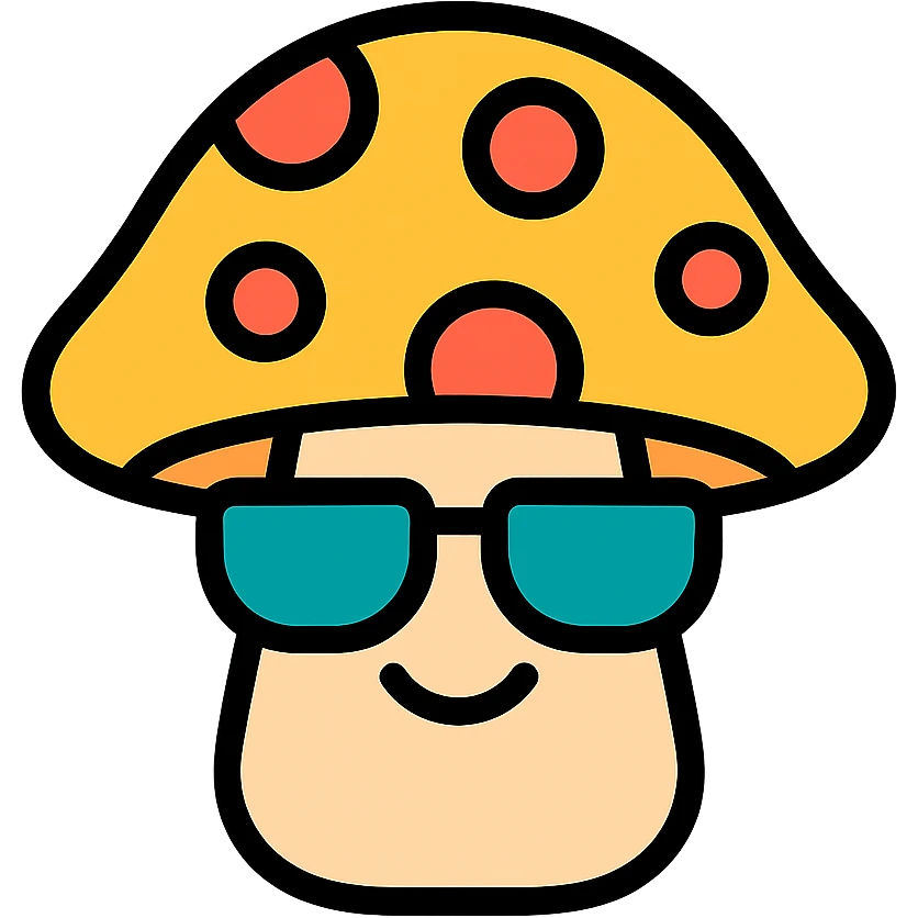 colorful icon of a mushroom with sunglasses and a smile emoji
