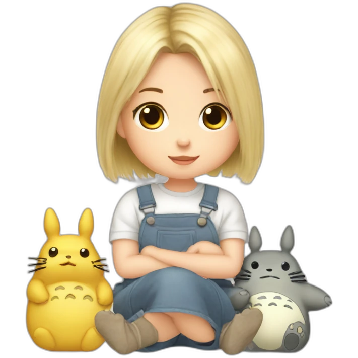 bébé fille blonde décoiffée assise avec une peluche Totoro  emoji