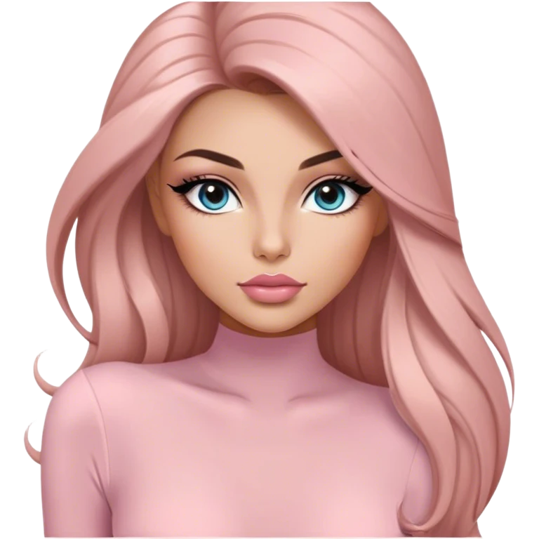 Glamours, tanned, very beautiful girl, with big pump peach-beige-rose lips, long long lashes, black straight smooth silky long hair, straight parting hair, blue-grey eyes in light pink long-sleeves bodysuit emoji