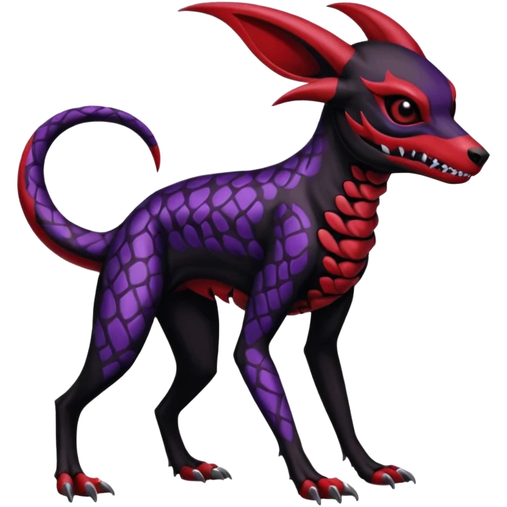 Gothic Black red purple Scaley Exotic Salandit-Umbreon-Noibat-Houndoom-Fakémon-hybrid-creature (full body), 4 legs, skull face mask emoji