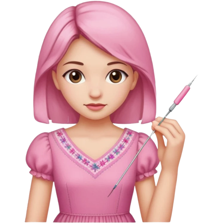 یه دختر با لباس صورتی ودر حال دوختن شماره دوزی emoji