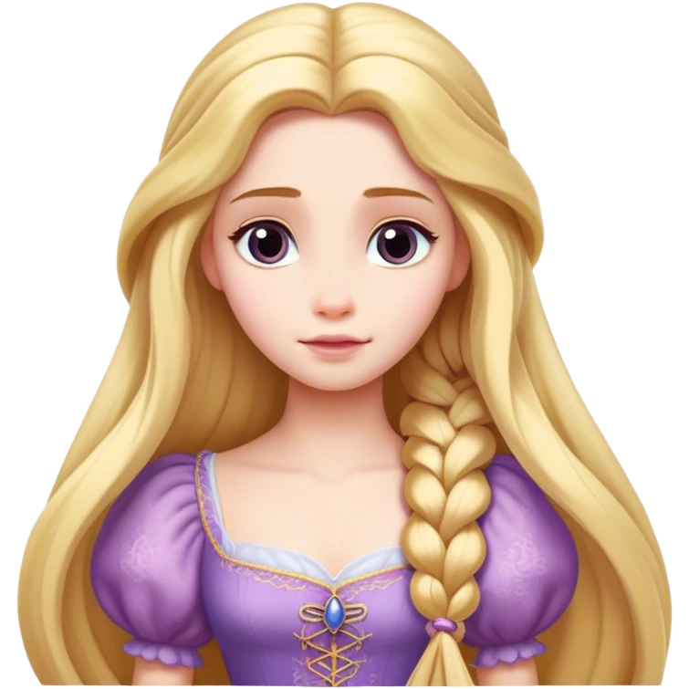 Cinematic Realistic Rapunzel Portrait, with porcelain-like skin featuring a subtle, natural glow, illuminated by soft lighting that brings out the gentle contours of her face. Her long, golden blonde hair cascades in detailed waves, each strand highlighted with a radiant shimmer as it catches the light. Her bright, expressive green eyes exude curiosity and warmth, framed by delicate lashes and soft, arched brows. Her expression is playful and vibrant, with a gentle smile. She is dressed in her classic lavender and pink gown, the fabric textured with delicate folds that flow naturally, catching the light with a soft, radiant glow. The portrait captures a luminous, enchanting aura, seamlessly blending realism with a whimsical, fairytale charm, evoking a timeless sense of beauty and magic. emoji