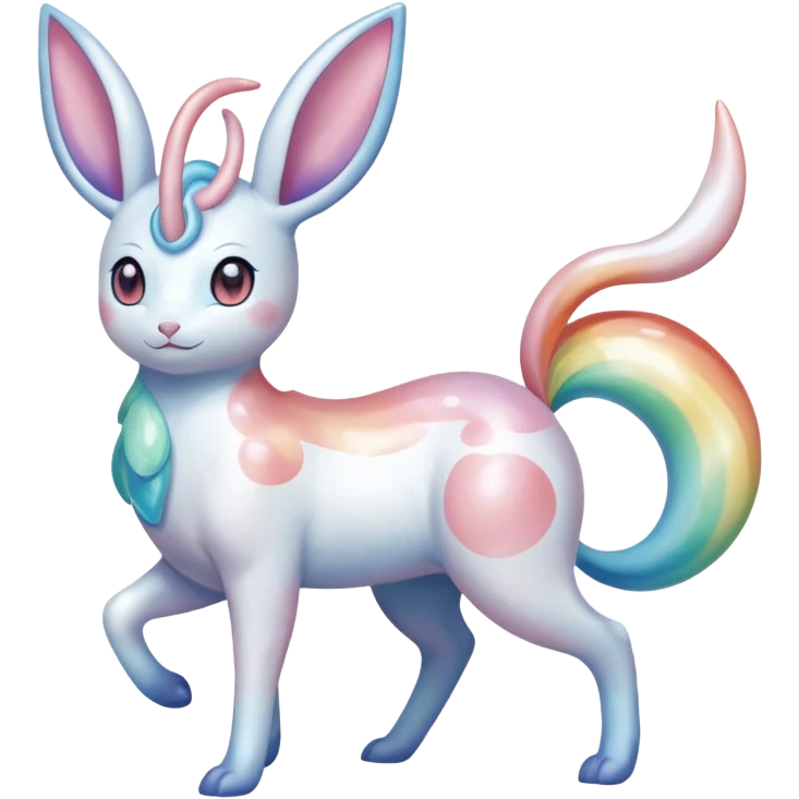 Pearlescent Milky-White Opalescent Rainbow-Tinted Soft-Glowing Celestial Sylveon-Milotic-Cresselia-Fakémon-creature (full body) emoji