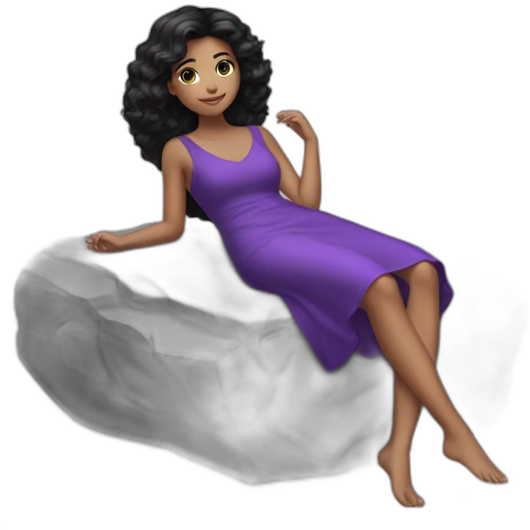 a girl black hair laying back on stone with purple dress emoji