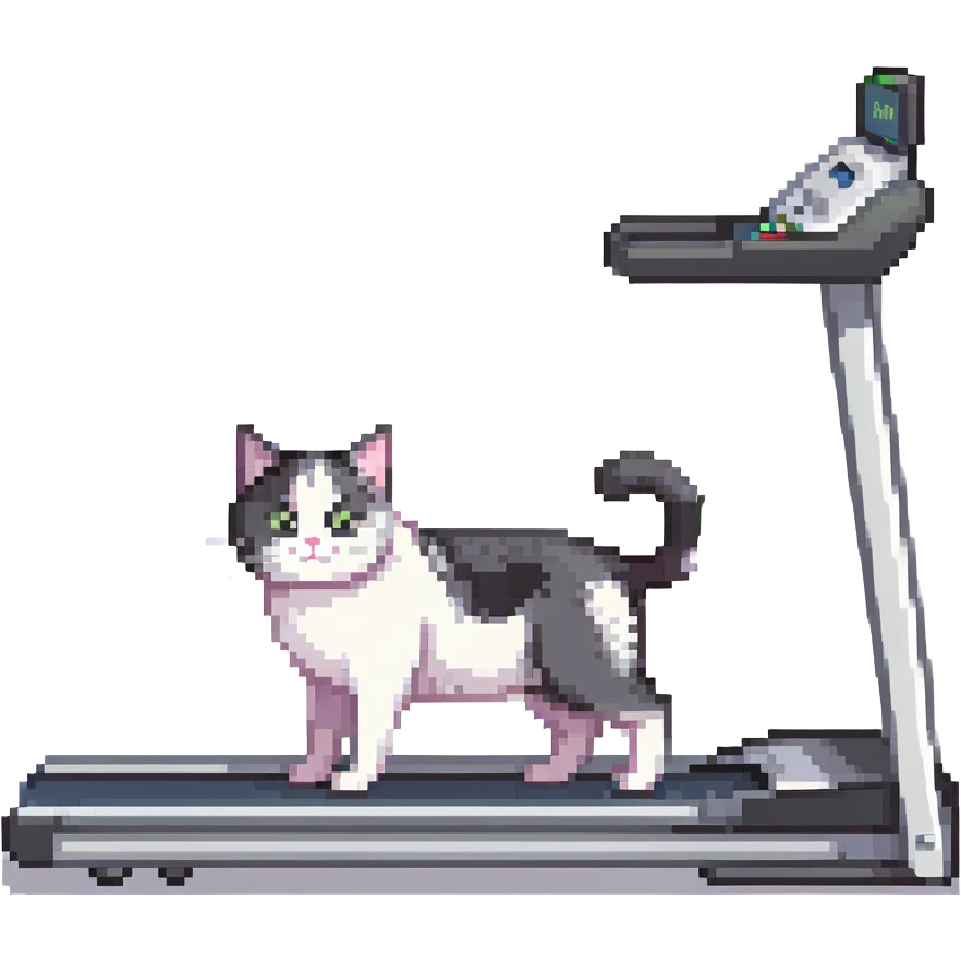 black and white cat on a treadmill in a gym emoji