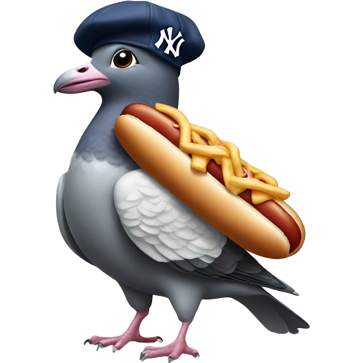 pigeon wearing New York yankee hat while standing on a hotdog emoji