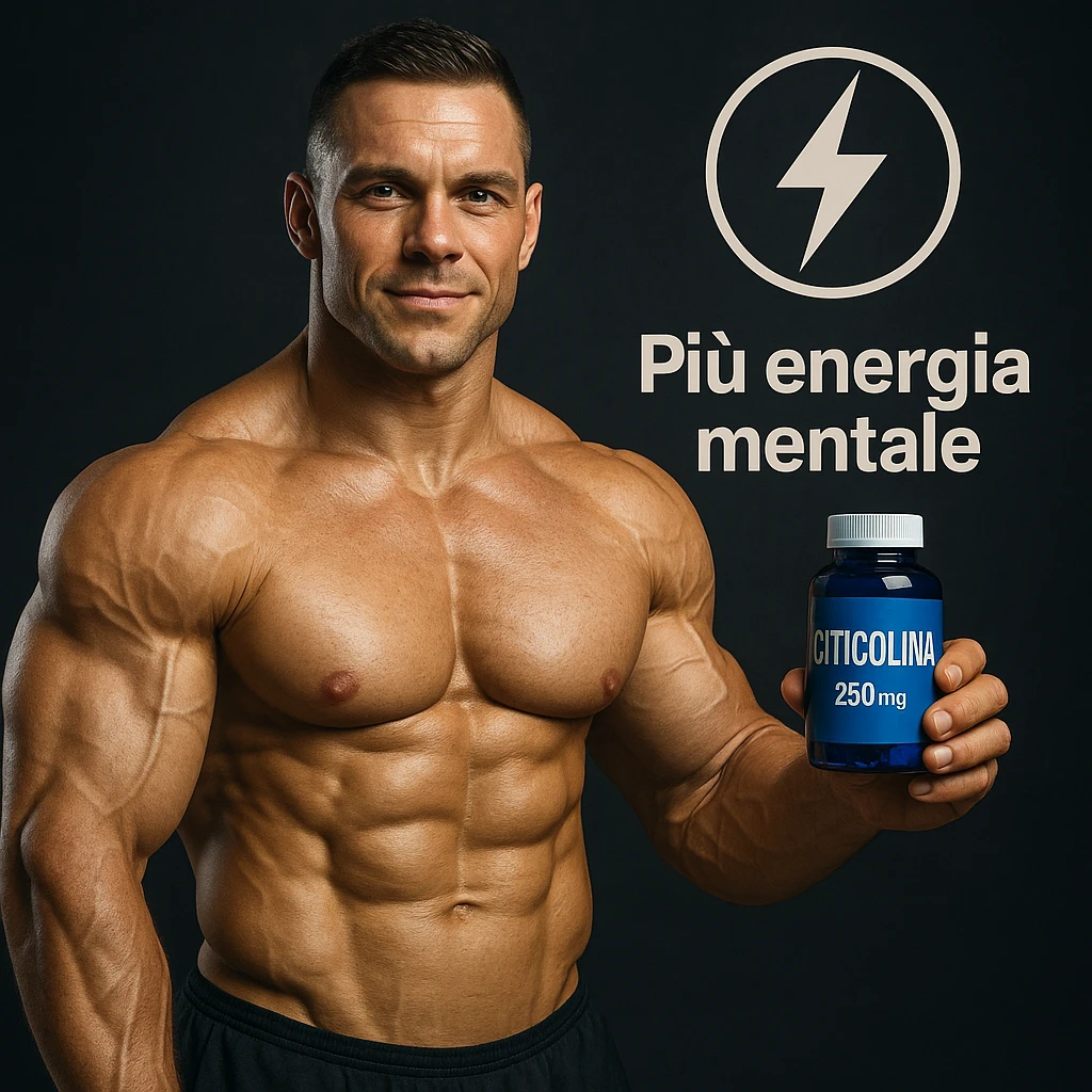 hyper realistic bodybuilder with Citicolina and energy symbol, well visible muscles, blue bottle, text 'Più energia mentale', motivational atmosphere, realistic details emoji