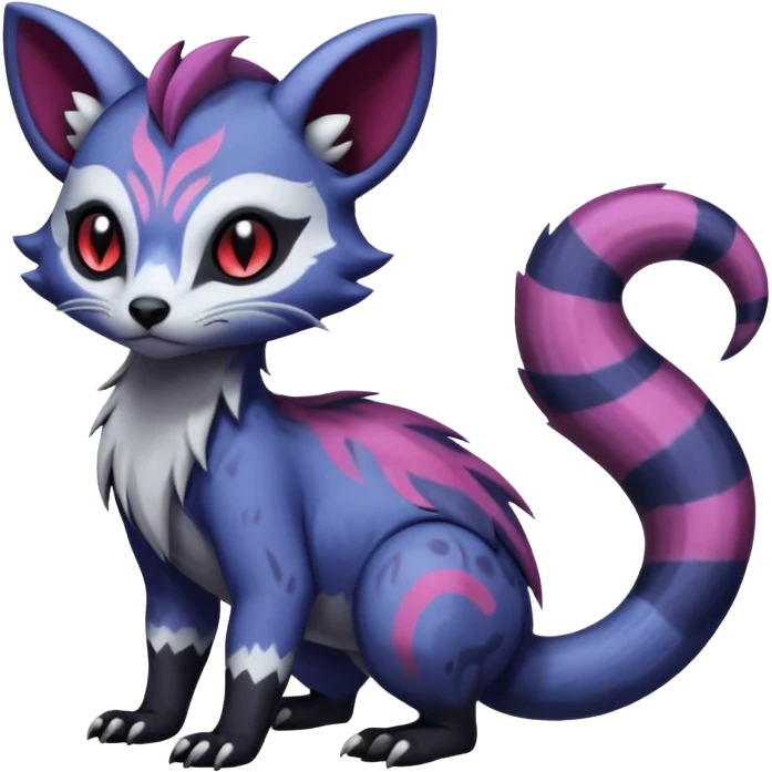 Rare warm-colored exotic gloomy tropical edgy cute epic aesthetic spooky indigo purple white black red gothic colorful Salandit-Furret-Espurr-Meowstic-Civet-species-Fakemon-hybrid-creature, with tribal tattoo markings, full body emoji