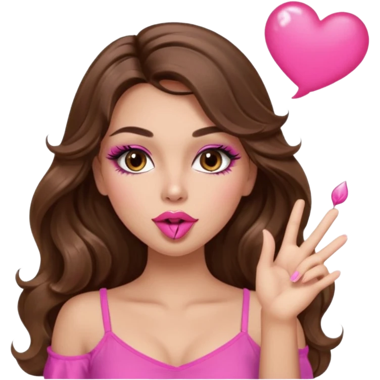 girl with long wavy brown hair, brown eyes, long lashes makeup, sexy pink lips, light to medium complexion, wearing a pink sexy top, blowing a kiss emoji