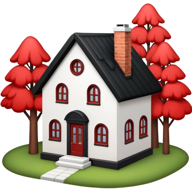 Dom parterowy z czarnym dachem i biała elewacją ze wstawkami z czerwonej cegły.Na drugim planie las. emoji
