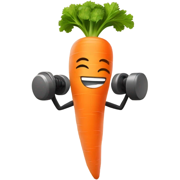 Generate an energetic carrot emoji wearing a sweatband, lifting tiny dumbbells, and looking motivated. emoji