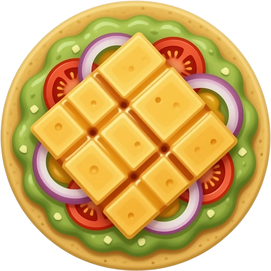 Tostada de maiz con base de guacamole y encima dos rebanadas de panela asada, coronado con jitomate y cebolla emoji