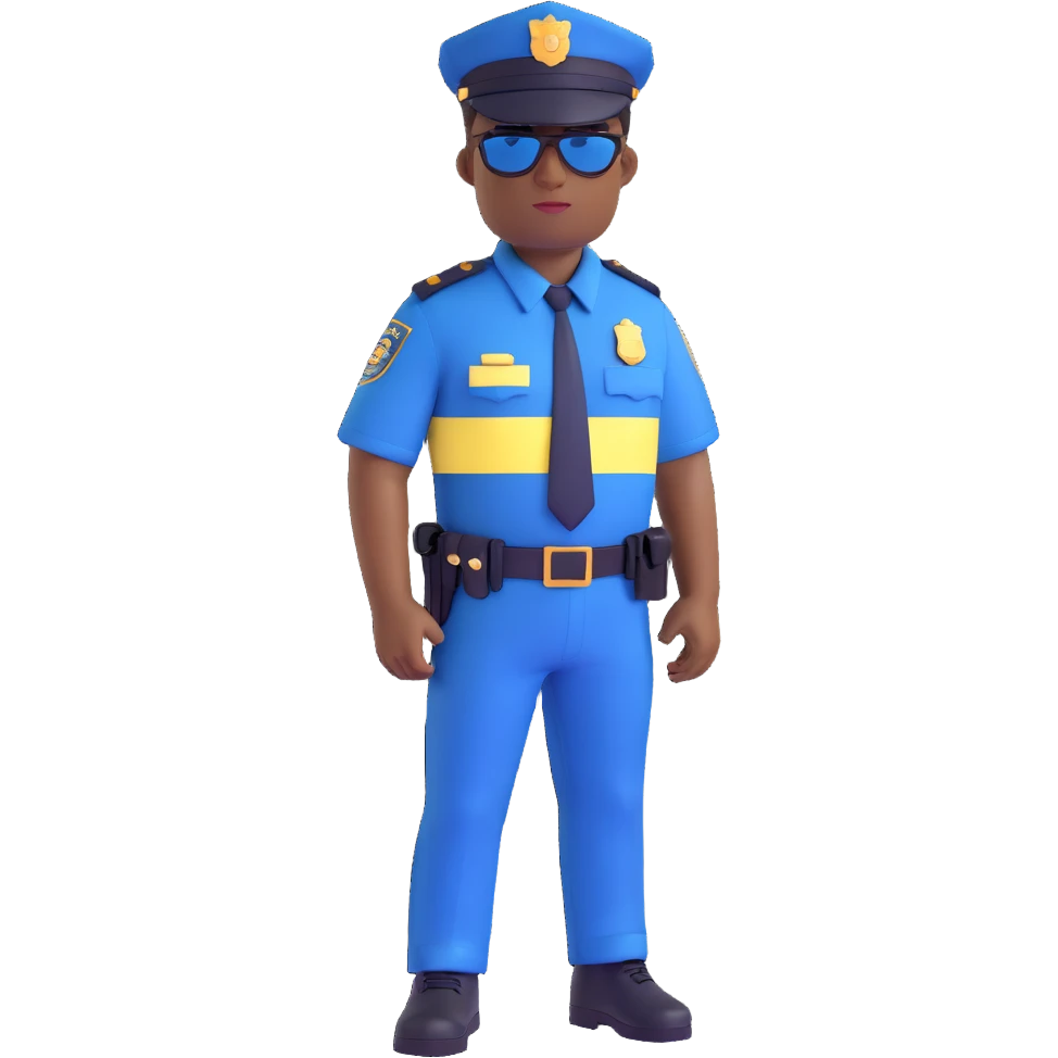 black male police officer, dark blue uniform, brown sunglasses, no hat, plain background emoji