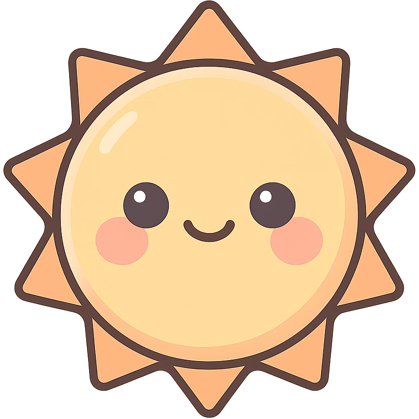 A series Sun of illustrations in a kawaii emoji style, with detailed shading and highlights, thin clean outlines, soft and rounded features. Pastel color palette using #98B5BC, #B5B3C1, #C9A3C9, #E4C0CA, #F7DCD1,#F7C0AA. The style is inspired by modern Japanese pop art and sticker aesthetics. Highly detailed, vector clarity, soft lighting and subtle shadows. Transparent background without background. emoji